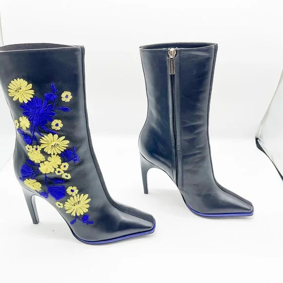 Versace Black Leather Floral Embroidery Boots/Booties - Picture 3 of 4